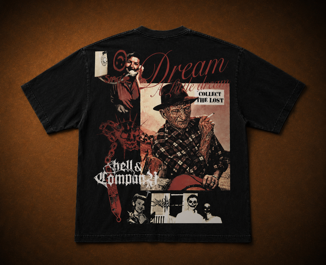 A black graphic t-shirt laid flat against a textured brown background, displaying a large back print with horror-themed imagery and text including 'Dream', 'HELL & COMPANY', and 'COLLECT THE LOST'. freddy Krueger nightmare on elmstreet