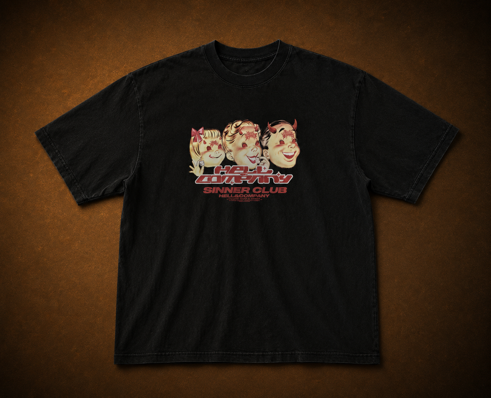 A black short-sleeve t-shirt laid flat against a textured brown background, featuring a colorful graphic of three cartoon characters above the text 'LIGHT WEIGHT SINNERS CLUB'. freddy Krueger nightmare on elmstreet