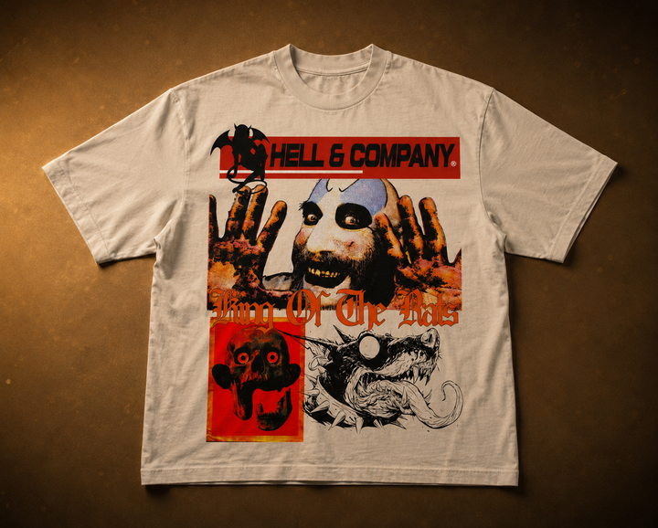 A white short-sleeve graphic t-shirt laid flat against a dark brown background. The shirt features a large, colorful horror-themed print with the text 'HELL & COMPANY' and 'BURN IT ALL', depicting a creepy clown face, hands, and a skull. Captain Spaulding House of 1000 Corpses