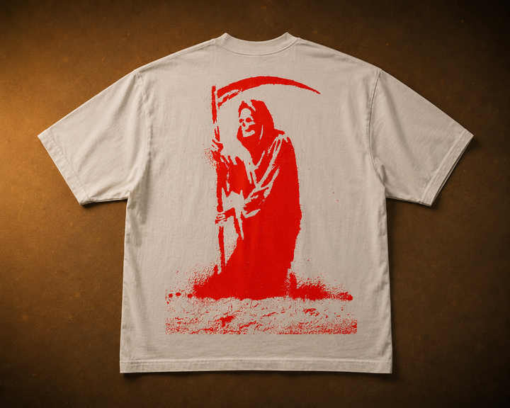 A white short-sleeve t-shirt laid flat against a dark brown textured background, featuring a large red graphic print of the Grim Reaper holding a scythe on the back. Captain Spaulding House of 1000 Corpses