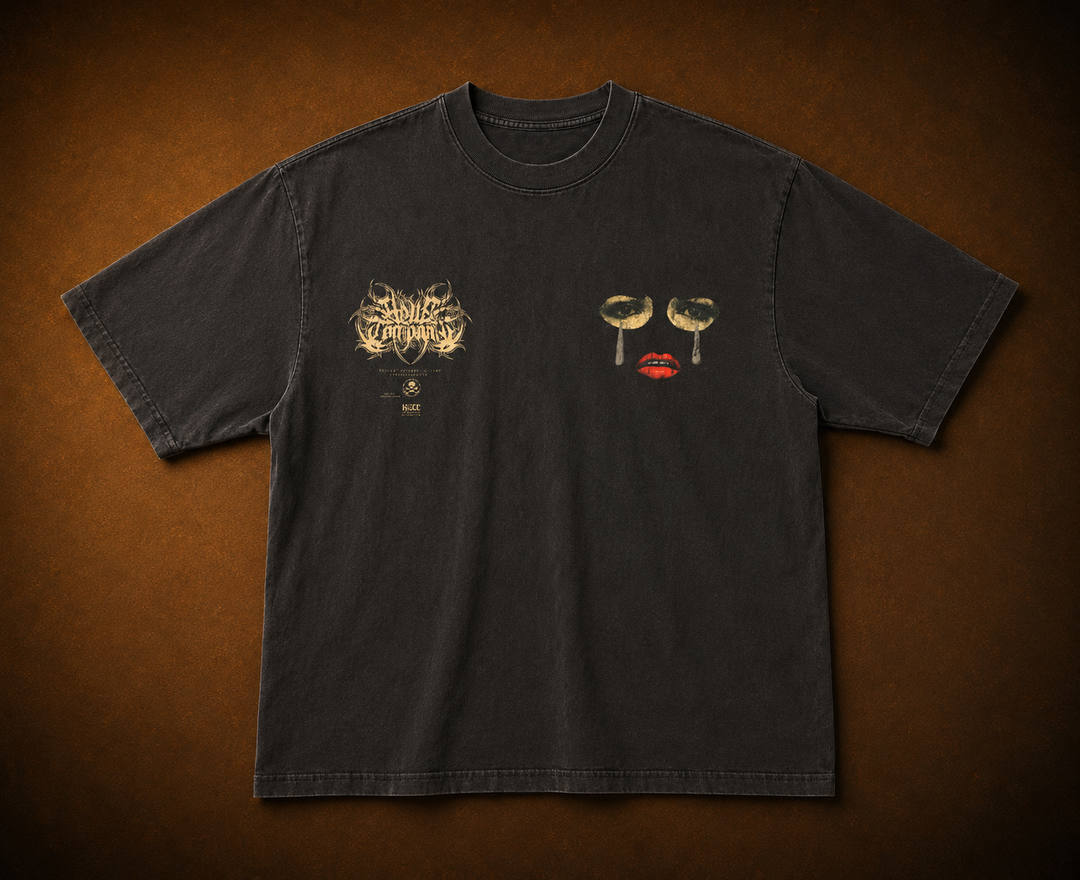 A black short-sleeve t-shirt laid flat against a textured brown background. The shirt features a gold-colored 'Slipknot' logo on the left chest and a graphic on the right chest depicting two gold glasses and a red lipstick mark. texas chainsaw massacre