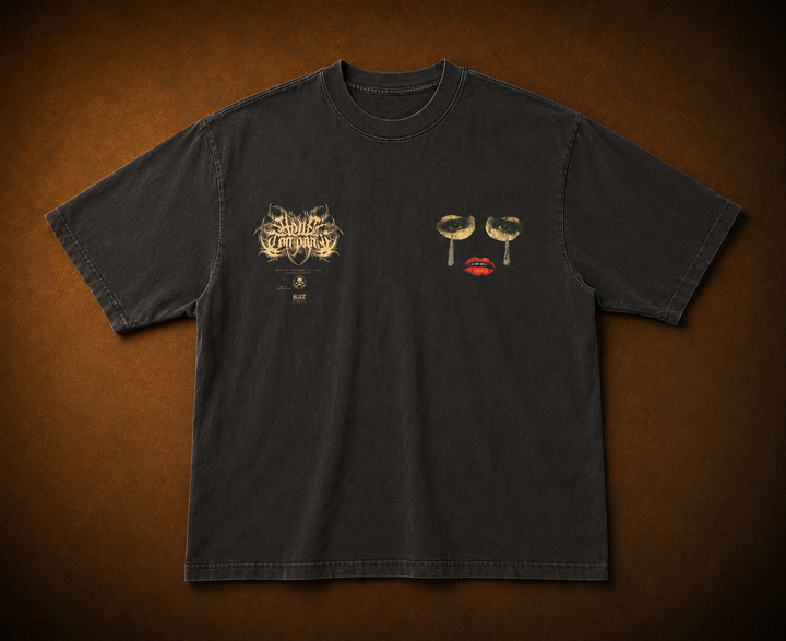 A black short-sleeve t-shirt laid flat against a textured brown background. The shirt features a gold-colored 'Slipknot' logo on the left chest and a graphic on the right chest depicting two gold glasses and a red lipstick mark. texas chainsaw massacre