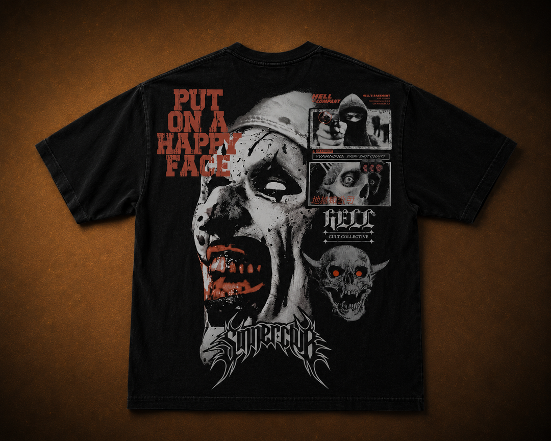 A black short-sleeve graphic t-shirt laid flat against a textured brown background. The shirt features a large front print with a zombie face, red text reading 'PUT ON A HAPPY FACE', smaller horror-themed panels, and the band name 'Suffragium' in stylized white lettering at the bottom. terrifier 
