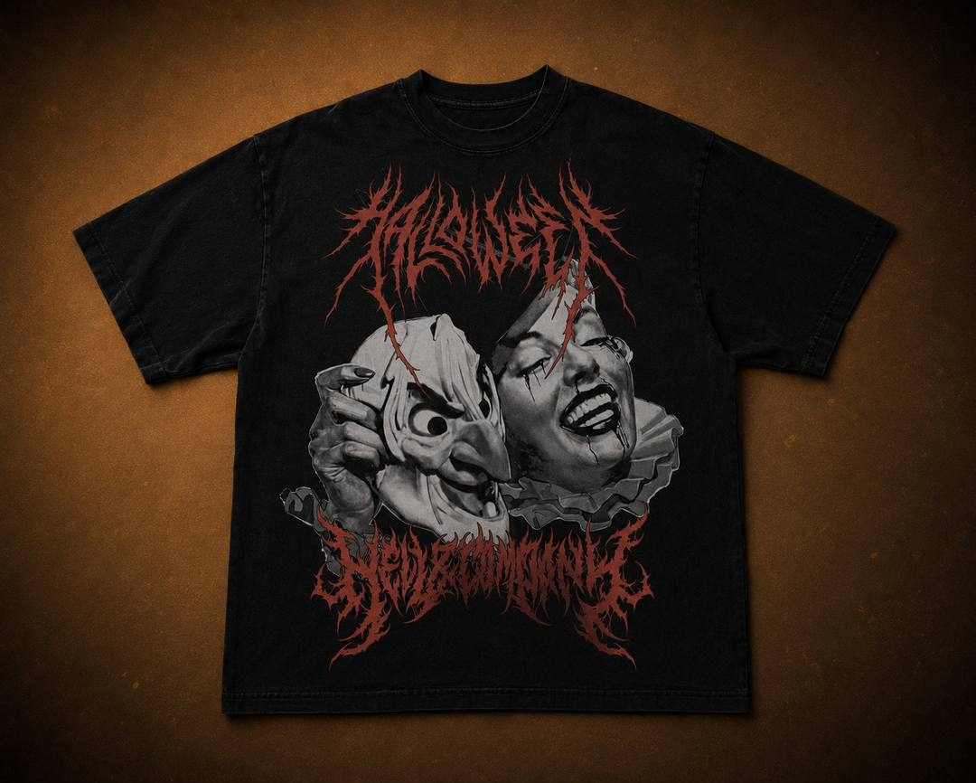 A black short-sleeve graphic t-shirt laid flat against a textured brown background. The shirt features a large front print with the word 'THALHEIST' in a jagged red font at the top, a grayscale illustration of a hand holding a skull mask next to a laughing face, and the word 'SHADOMANIA' in a matching jagged red font at the bottom terrifier 