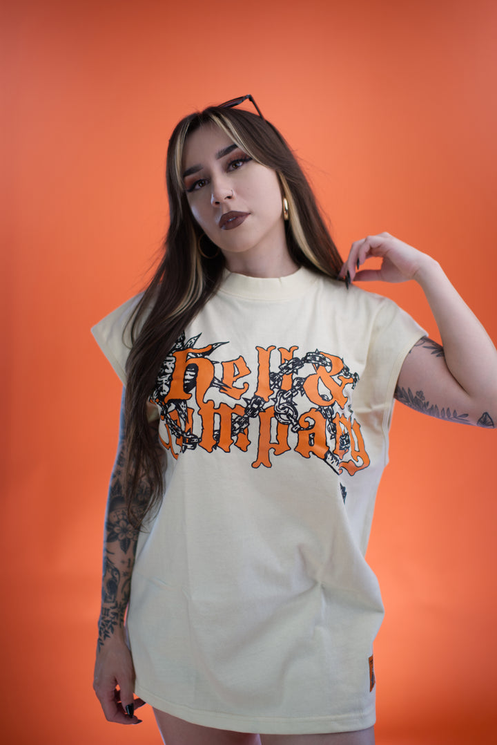 hell and company hell & co death's witness muscle t shirt cream front female