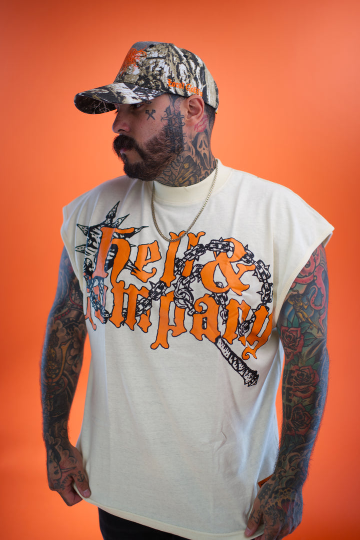 hell and company hell & co death's witness muscle t shirt cream front