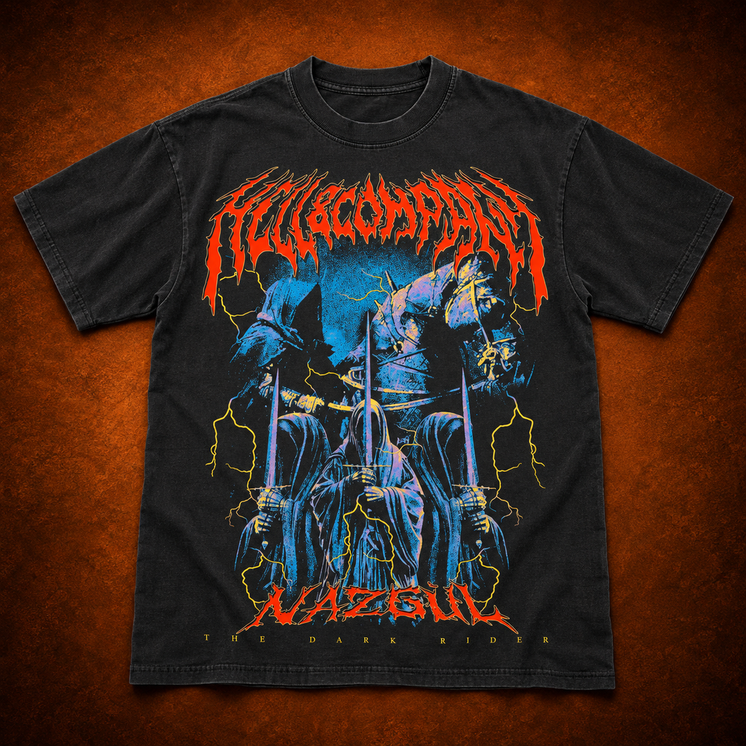 A black short-sleeve graphic t-shirt laid flat against a textured orange-brown background. The shirt features a large front print with the band name 'Hiveland' in a jagged red font at the top, a central illustration of hooded figures in blue robes holding swords under a blue sky, lightning bolts, and the word 'NAZGUL' in red at the bottom.