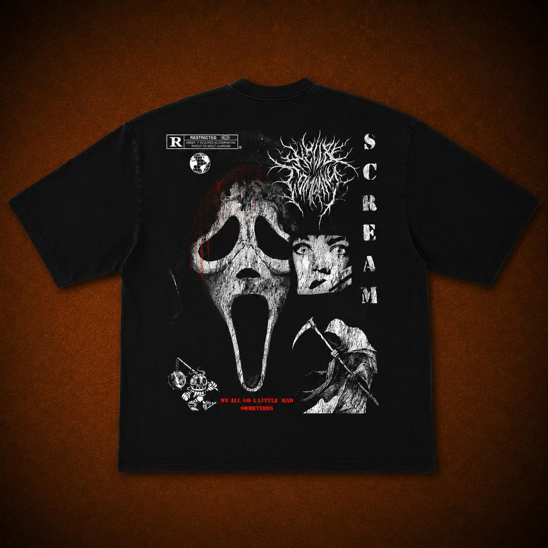 A black short-sleeve graphic t-shirt laid flat against a dark brown textured background. The shirt features a large horror-themed print on the front with the Ghostface mask, a screaming face, a grim reaper, and the word 'SCREAM' in vertical white letters, along with a small 'REDEFINING METAL' logo in the top left corner.
