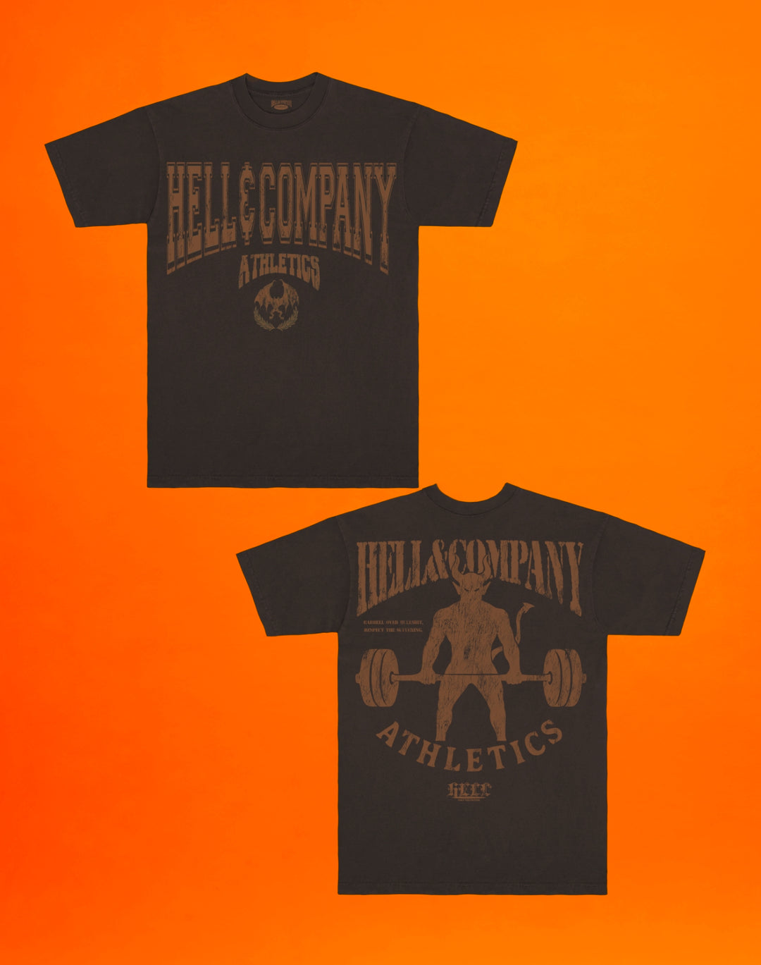 Two black t-shirts with 'HELL & COMPANY ATHLETICS' graphics on an orange background