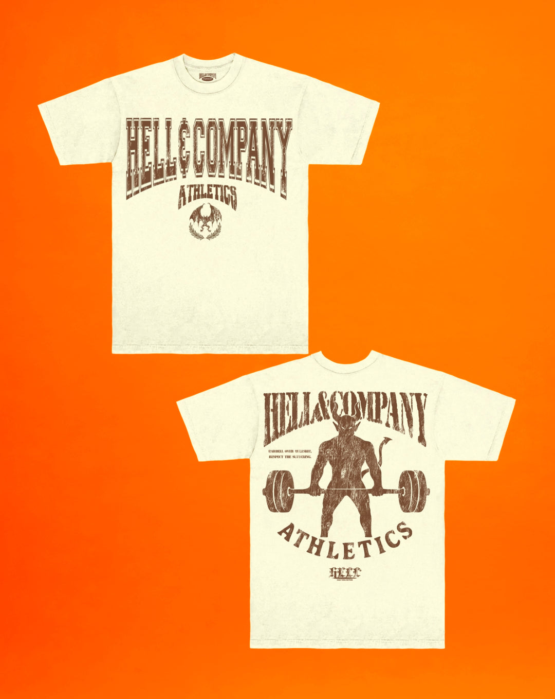 Two 'HELL & COMPANY ATHLETICS' t-shirts on an orange background