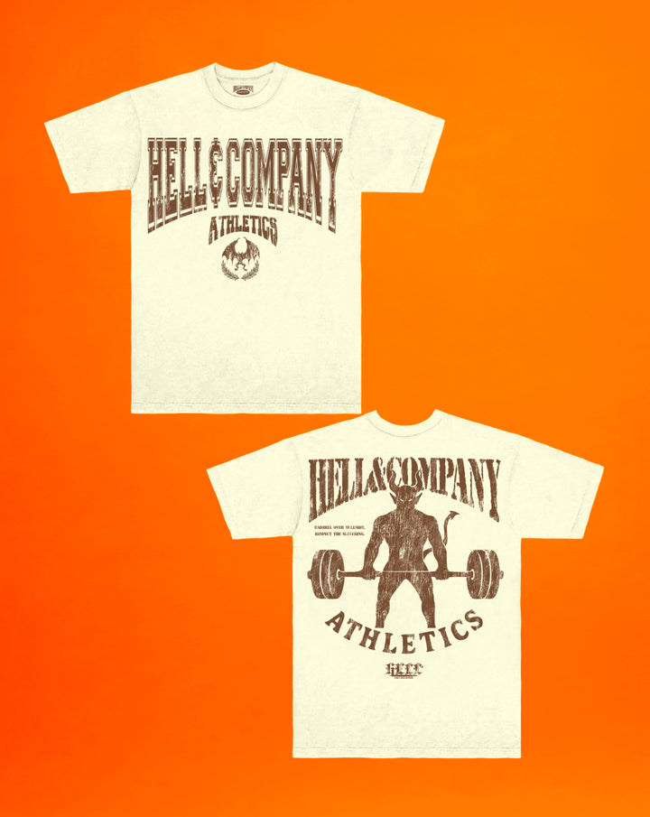 Two 'HELL & COMPANY ATHLETICS' t-shirts on an orange background