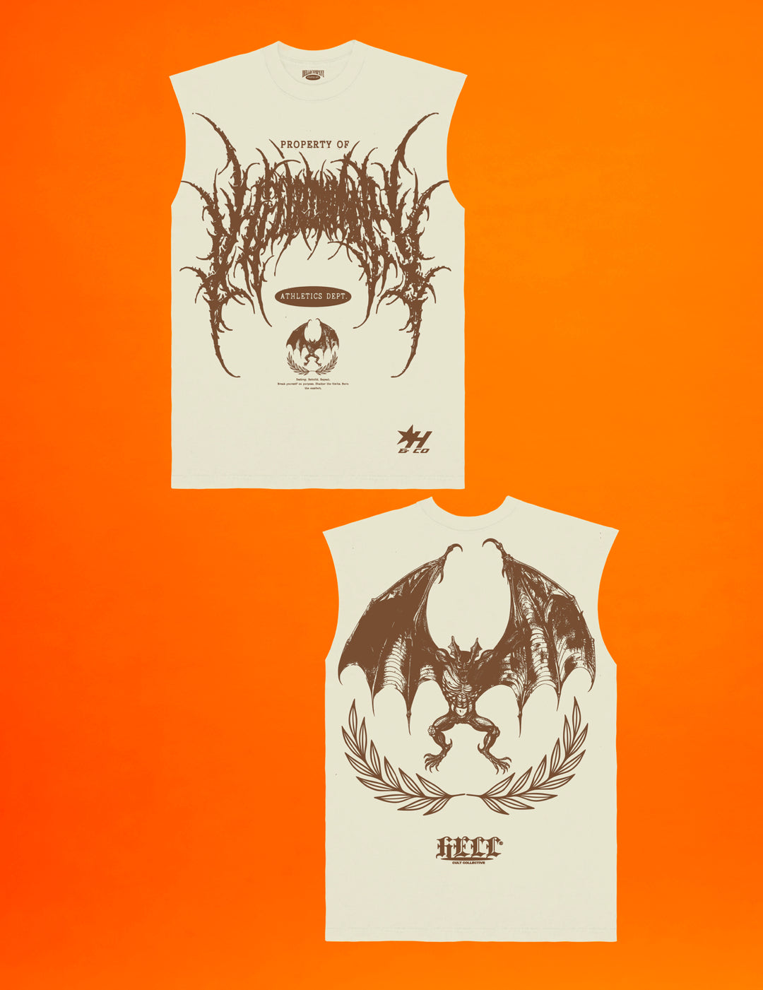 Hell and Company Two sleeveless shirts with graphic designs on an orange background
