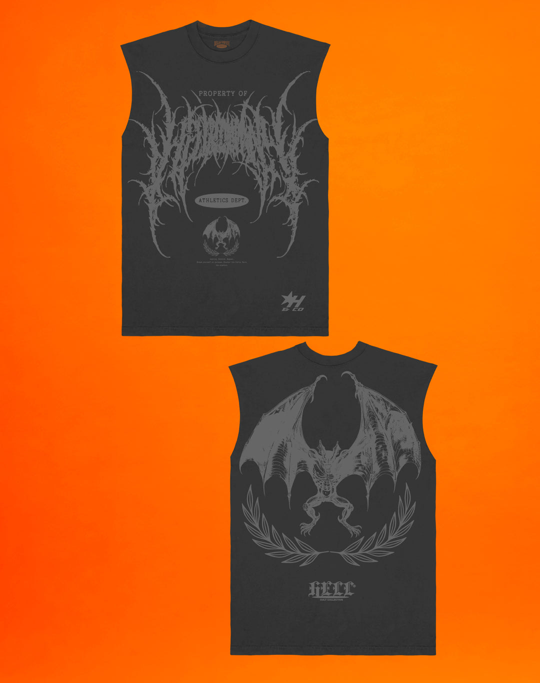 Hell and Company Black sleeveless shirt with graphic design on an orange background