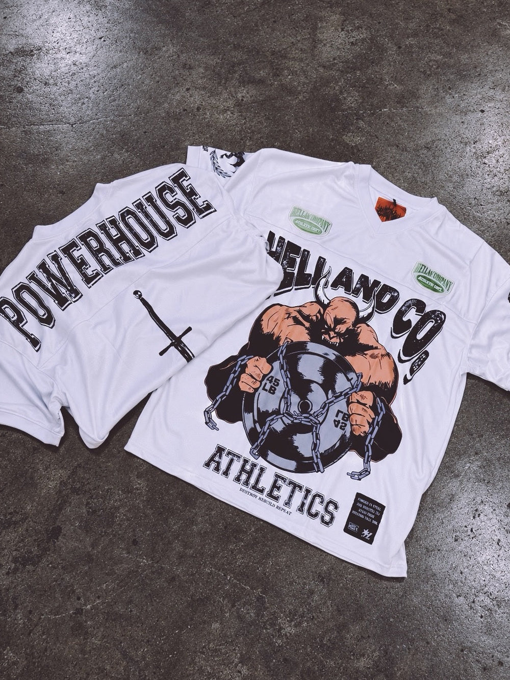 POWERHOUSE jersey front and back top down flat lay