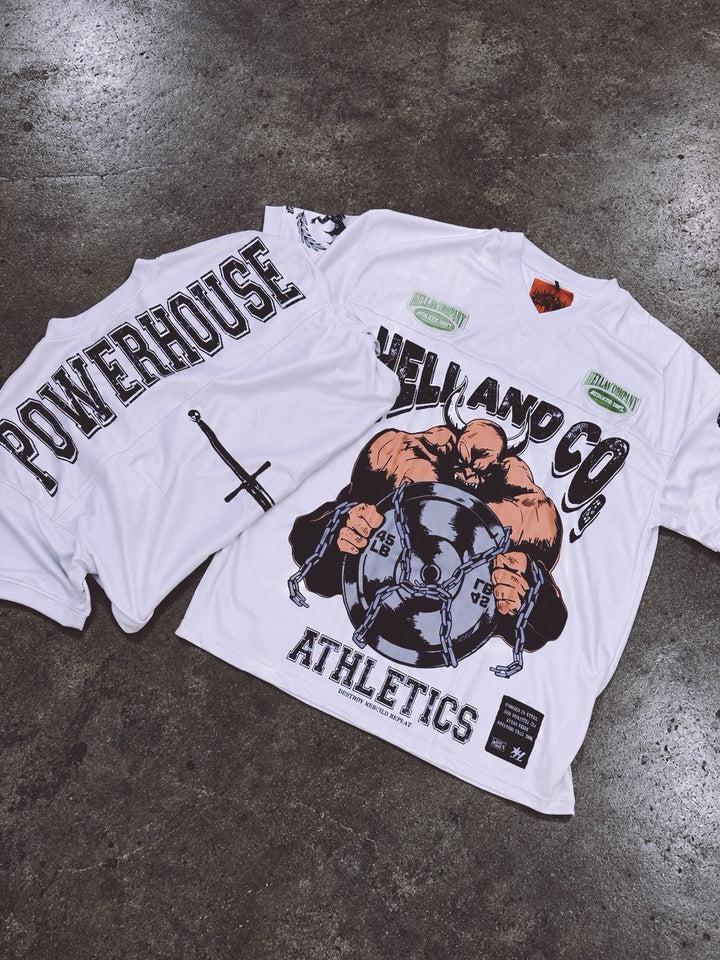POWERHOUSE jersey front and back top down flat lay